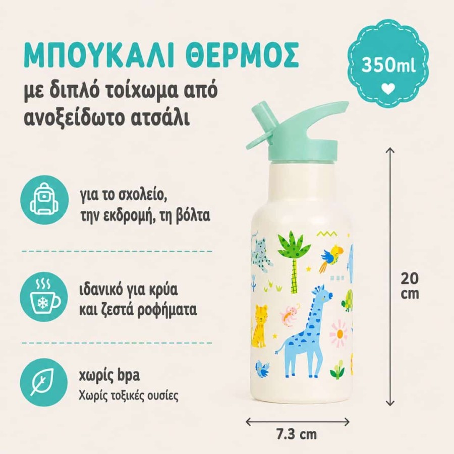 Παιδικό Μπουκάλι με Διπλό Τοίχωμα από Ανοξείδωτο Ατσάλι 350ml A Little Lovely Company Jungle