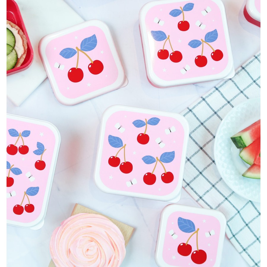 A Little Lovely Company Σετ 4 Παιδικά Δοχεία Φαγητού Lunch & Snack Box Cherries