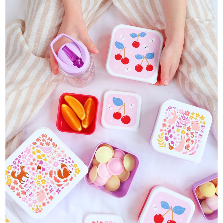 A Little Lovely Company Σετ 4 Παιδικά Δοχεία Φαγητού Lunch & Snack Box Cherries