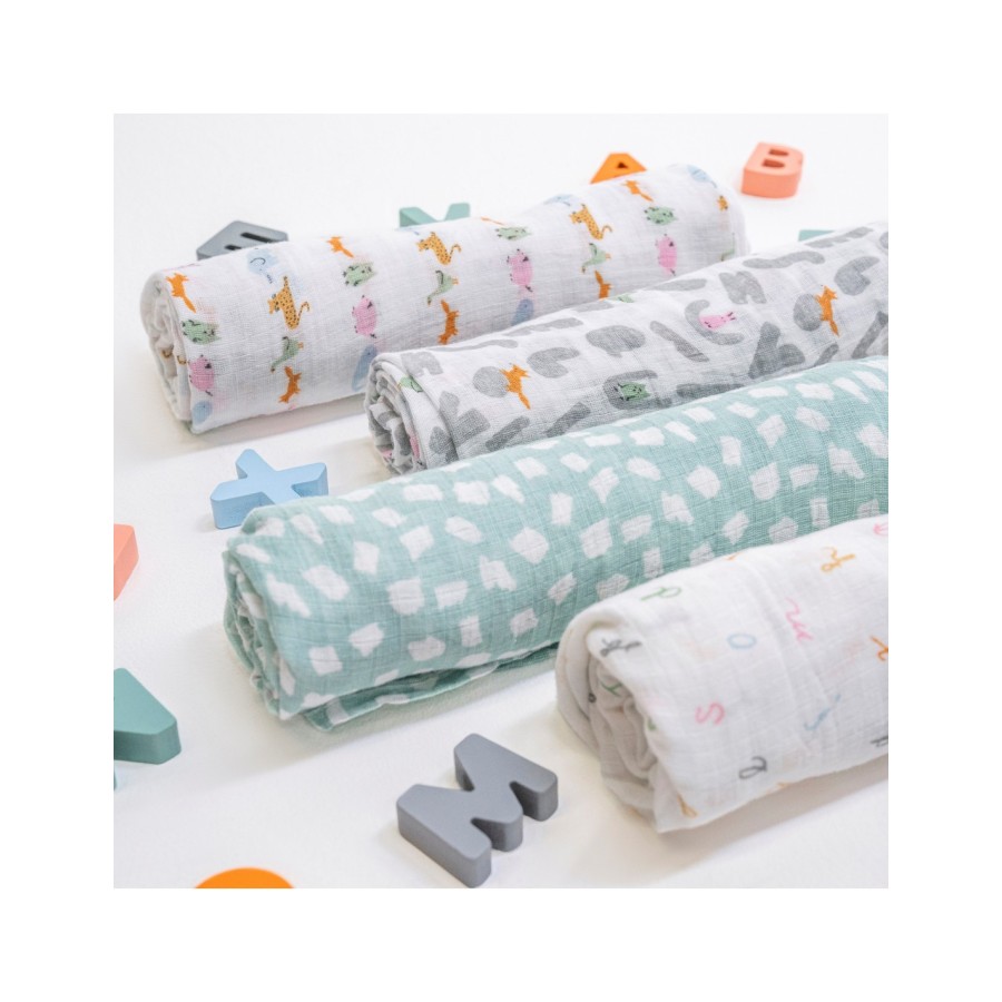 Aden + Anais Essentials Σετ 4 Βαμβακερές Μουσελίνες Swaddle Box Alphabet Animals 112x112εκ.