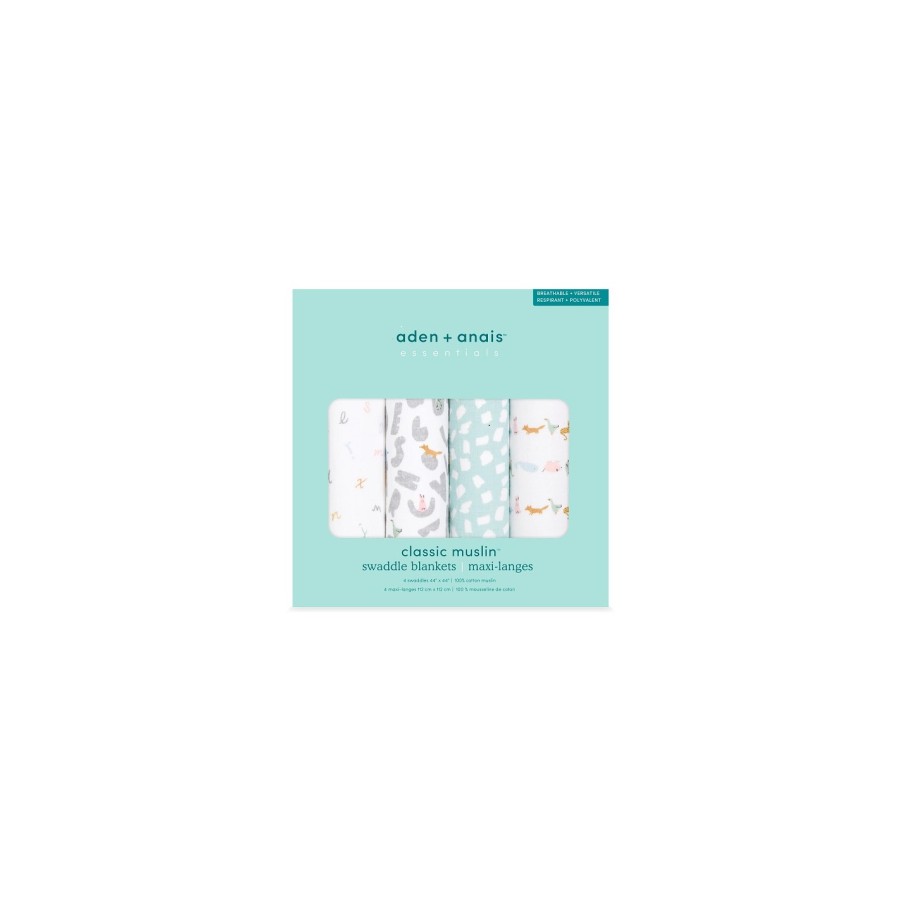 Aden + Anais Essentials Σετ 4 Βαμβακερές Μουσελίνες Swaddle Box Alphabet Animals 112x112εκ.