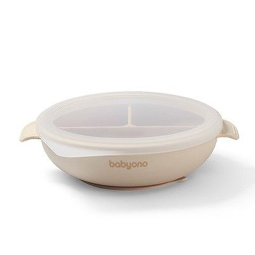 BabyOno Παιδικό Πιάτο Σιλικόνης με 3 Θέσεις, Καπάκι & Βάση με Βεντούζα Μπεζ