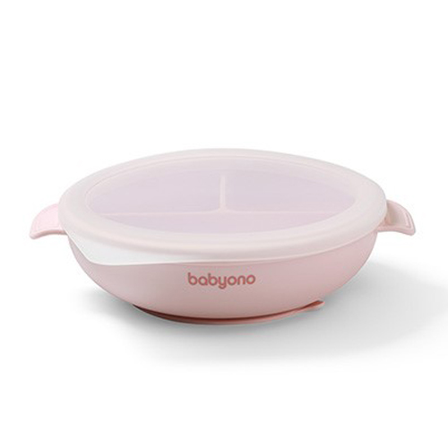 BabyOno Παιδικό Πιάτο Σιλικόνης με 3 Θέσεις, Καπάκι & Βάση με Βεντούζα Ροζ