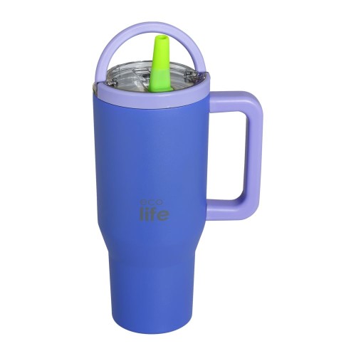Ecolife Ποτήρι Θερμός Tumbler με Διπλή Λαβή & Καλαμάκι 900ml Blue Purple