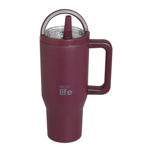 Ecolife Ποτήρι Θερμός Tumbler με Διπλή Λαβή & Καλαμάκι 900ml Cranberry