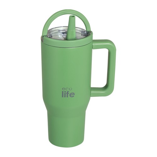 Ecolife Ποτήρι Θερμός Tumbler με Διπλή Λαβή & Καλαμάκι 900ml Green Tea