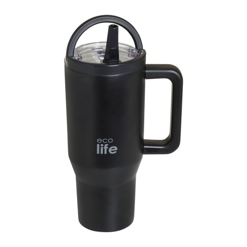 Ecolife Ποτήρι Θερμός Tumbler με Διπλή Λαβή & Καλαμάκι 900ml Rich Black
