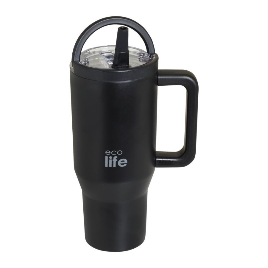Ecolife Ποτήρι Θερμός Tumbler με Διπλή Λαβή & Καλαμάκι 900ml Rich Black