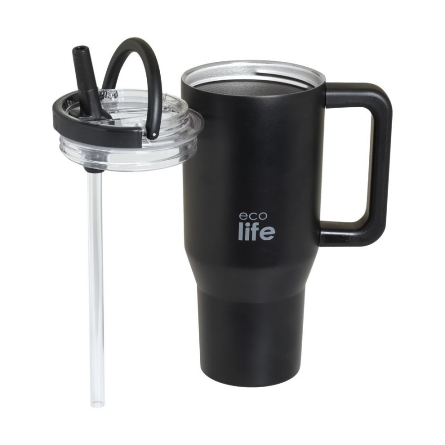 Ecolife Ποτήρι Θερμός Tumbler με Διπλή Λαβή & Καλαμάκι 900ml Rich Black