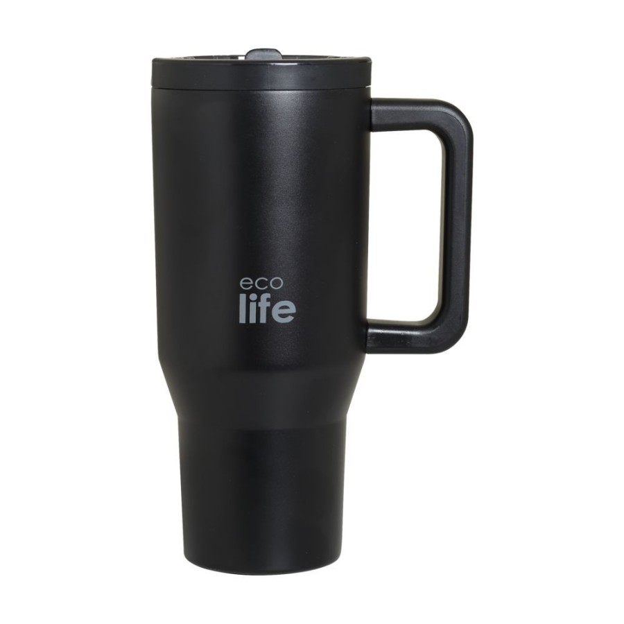 Ecolife Ποτήρι Θερμός Tumbler με Διπλή Λαβή & Καλαμάκι 900ml Rich Black