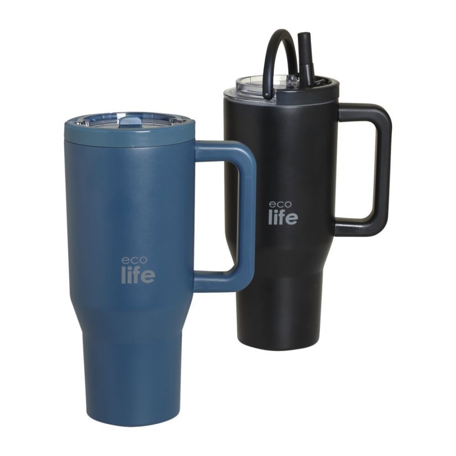 Ecolife Ποτήρι Θερμός Tumbler με Διπλή Λαβή & Καλαμάκι 900ml Rich Black
