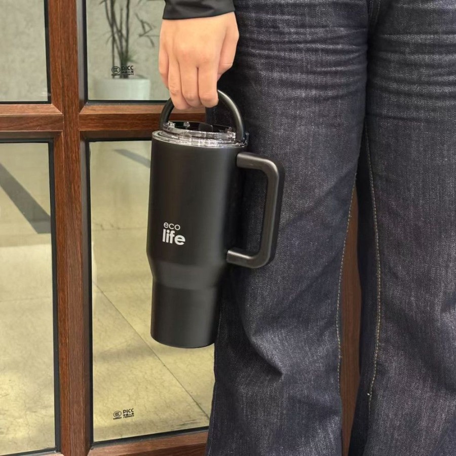 Ecolife Ποτήρι Θερμός Tumbler με Διπλή Λαβή & Καλαμάκι 900ml Rich Black