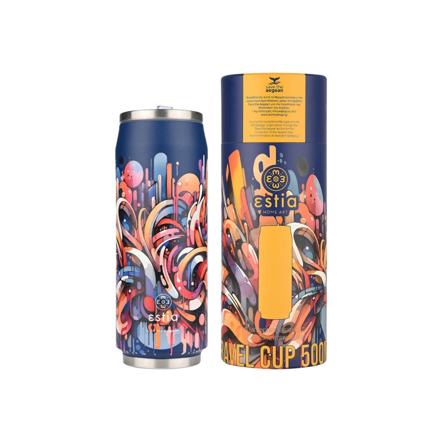 Estia Travel Cup Ποτήρι Θερμός με Καλαμάκι Save The Aegean 500ml Vibrant Vortex