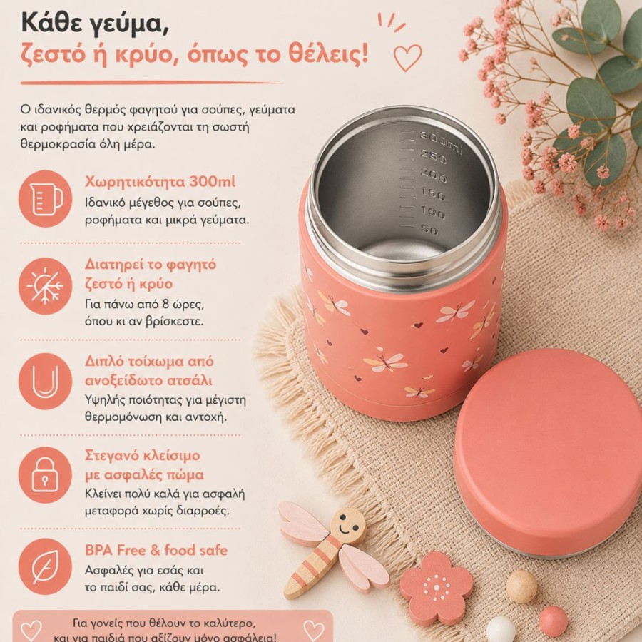 Παιδικό Θερμός φαγητού με Διπλό Τοίχωμα από Ανοξείδωτο Ατσάλι 300ml Fresk Butterfly
