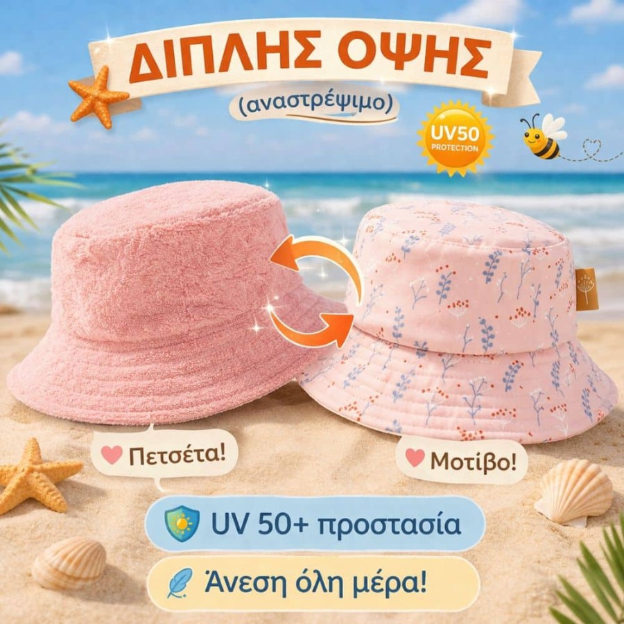 Παιδικό Καπέλο Bucket Διπλής Όψης με UVA-UVB Προστασία Fresk Stripes & Crabs