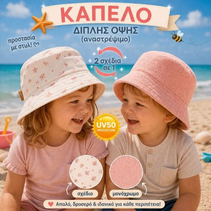 Παιδικό Καπέλο Bucket διπλής όψης με UVA-UVB Προστασία Fresk Butterflies