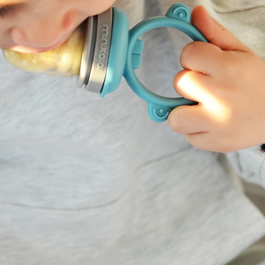 MinikOiOi Pulps Feeder & Μασητικό Σιλικόνης Aqua Green/ Grey – Baby Feeder για Φρούτα & Λαχανικά χωρίς BPA 