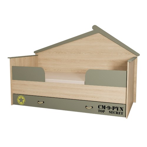 Bebe Stars Soldier Montessori Παιδικό Κρεβάτι 90x200cm με Συρτάρι, Κιγκλιδώματα & Army Design