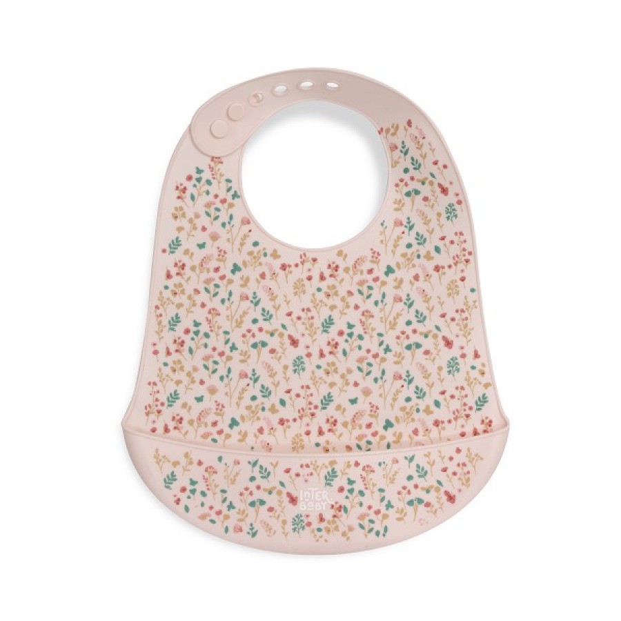 Interbaby Flowers Σαλιάρα Σιλικόνης Pink – Βρεφική Σαλιάρα με Θήκη Συλλογής Τροφών, 4m+