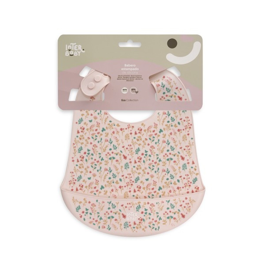 Interbaby Flowers Σαλιάρα Σιλικόνης Pink – Βρεφική Σαλιάρα με Θήκη Συλλογής Τροφών, 4m+
