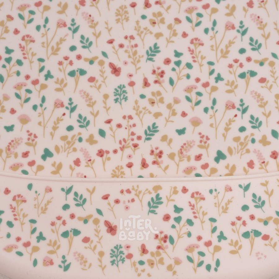 Interbaby Flowers Σαλιάρα Σιλικόνης Pink – Βρεφική Σαλιάρα με Θήκη Συλλογής Τροφών, 4m+