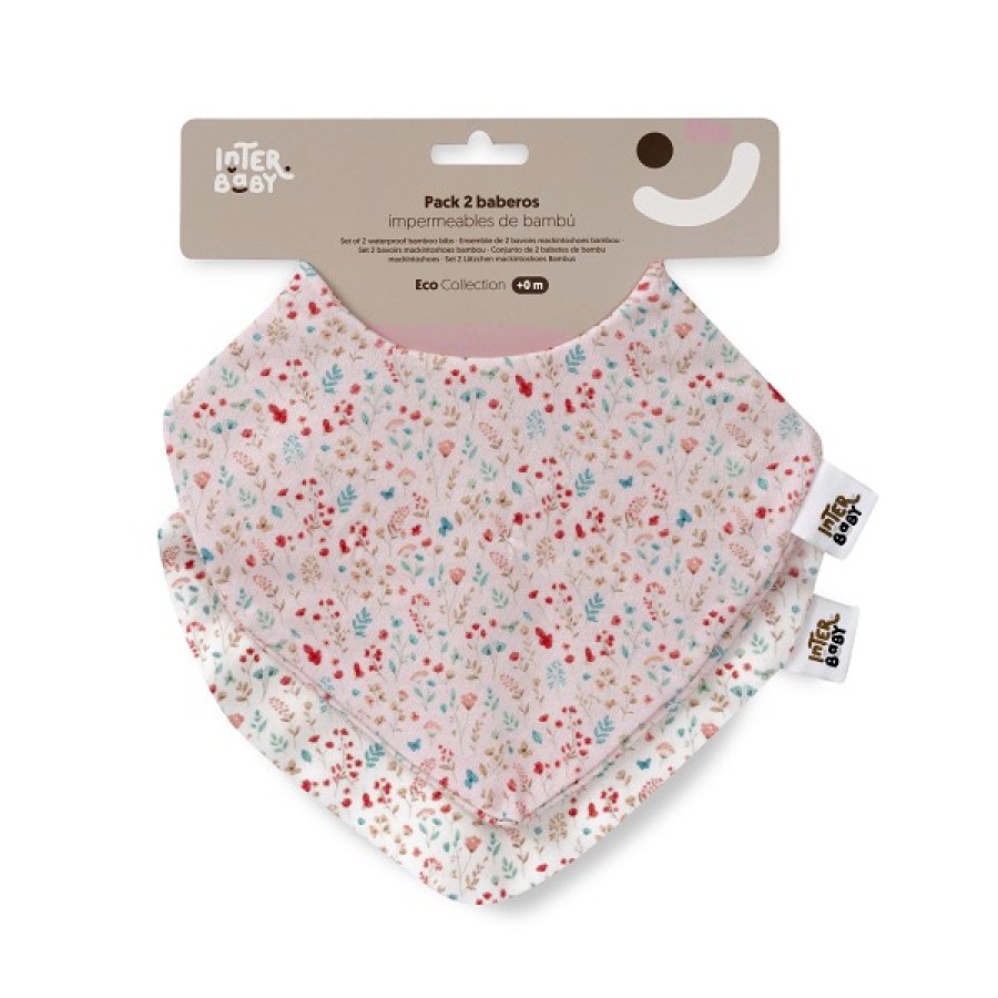 Interbaby Granja Koala Σαλιάρες Bandana Bamboo – Σετ 2 Τεμ. Αδιάβροχες, Floral Λευκό & Ροζ, 0m+