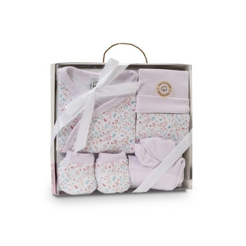 Interbaby Petalos Flores Σετ Δώρου Νεογέννητου 5τμχ 0-6 Μηνών 100% Βαμβάκι Ροζ SET74-02