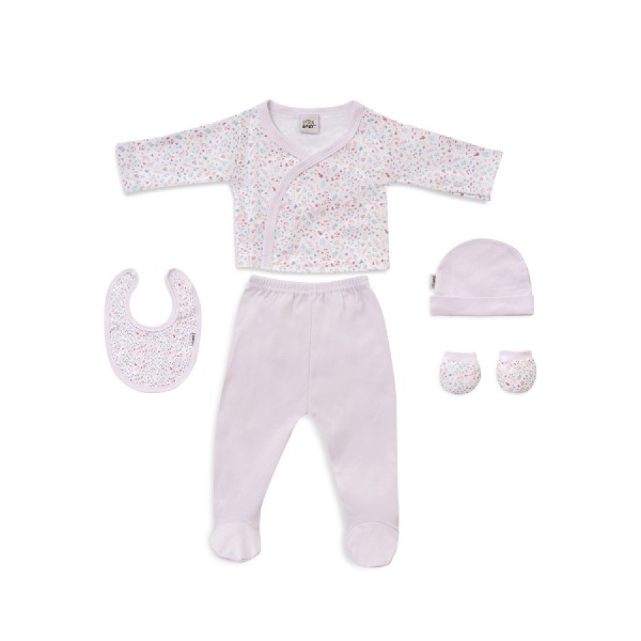 Interbaby Petalos Flores Σετ Δώρου Νεογέννητου 5τμχ 0-6 Μηνών 100% Βαμβάκι Ροζ SET74-02
