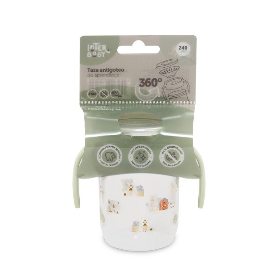 Interbaby Farm Εκπαιδευτικό Ποτηράκι 360° 240ml κατά των Διαρροών με Λαβές 6+ Μηνών Green VASO001-03