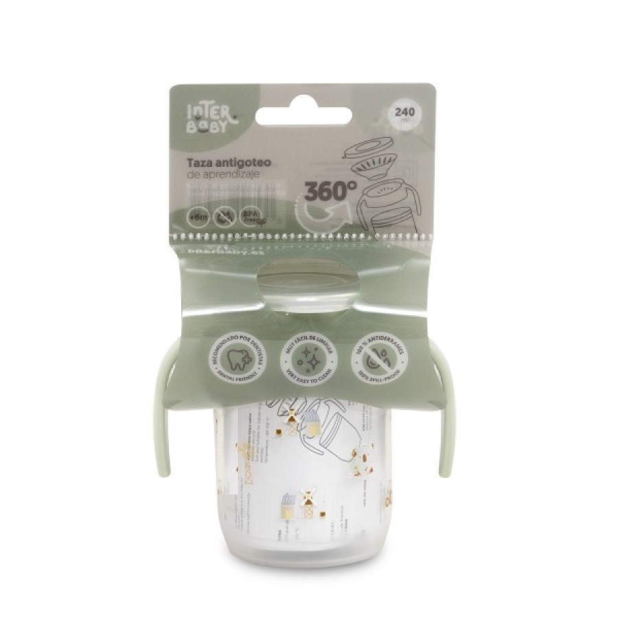 Interbaby Farm Εκπαιδευτικό Ποτηράκι 360° 240ml κατά των Διαρροών με Λαβές 6+ Μηνών Green VASO001-03