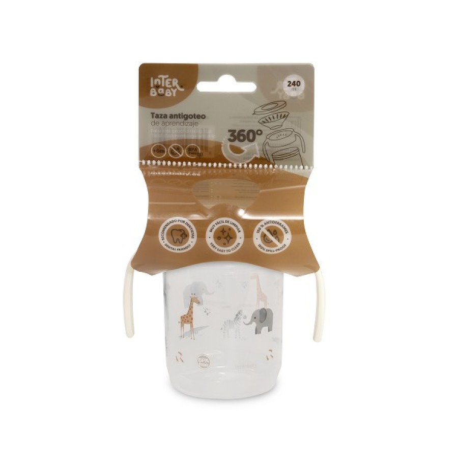 Interbaby Savana Εκπαιδευτικό Ποτηράκι 360° 240ml κατά των Διαρροών με Λαβές 6+ Μηνών Μπεζ