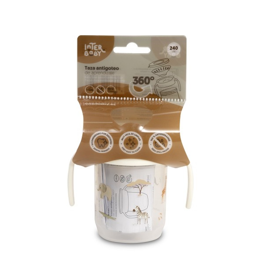 Interbaby Savana Εκπαιδευτικό Ποτηράκι 360° 240ml κατά των Διαρροών με Λαβές 6+ Μηνών Μπεζ