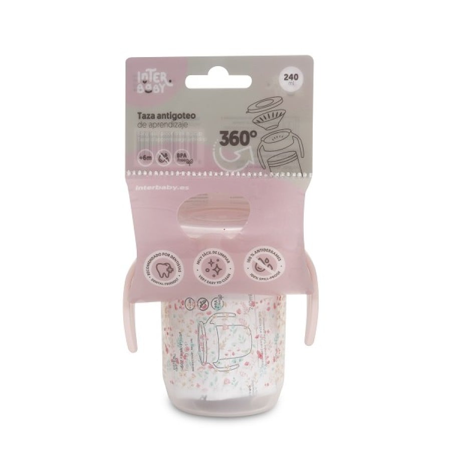 Interbaby Flowers  Εκπαιδευτικό Ποτηράκι 360° 240ml κατά των Διαρροών 6+ Μηνών Pink VASO003-02