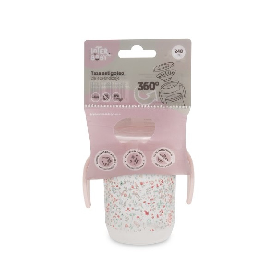 Interbaby Flowers  Εκπαιδευτικό Ποτηράκι 360° 240ml κατά των Διαρροών 6+ Μηνών Pink VASO003-02