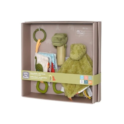 Baby Gift Box Dino Friends Σετ Δώρου Γέννησης 3τμχ με Πανάκι, Κουδουνίστρα & Υφασμάτινο Βιβλίο 0m+