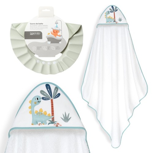 Interbaby Dino Βαμβακερό Μπουρνούζι Κάπα 100x100εκ. & Καπέλο Μπάνιου White-Green
