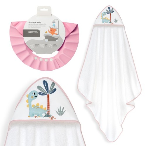 Interbaby Dino Βαμβακερό Μπουρνούζι Κάπα 100x100εκ. & Καπέλο Μπάνιου White-Pink
