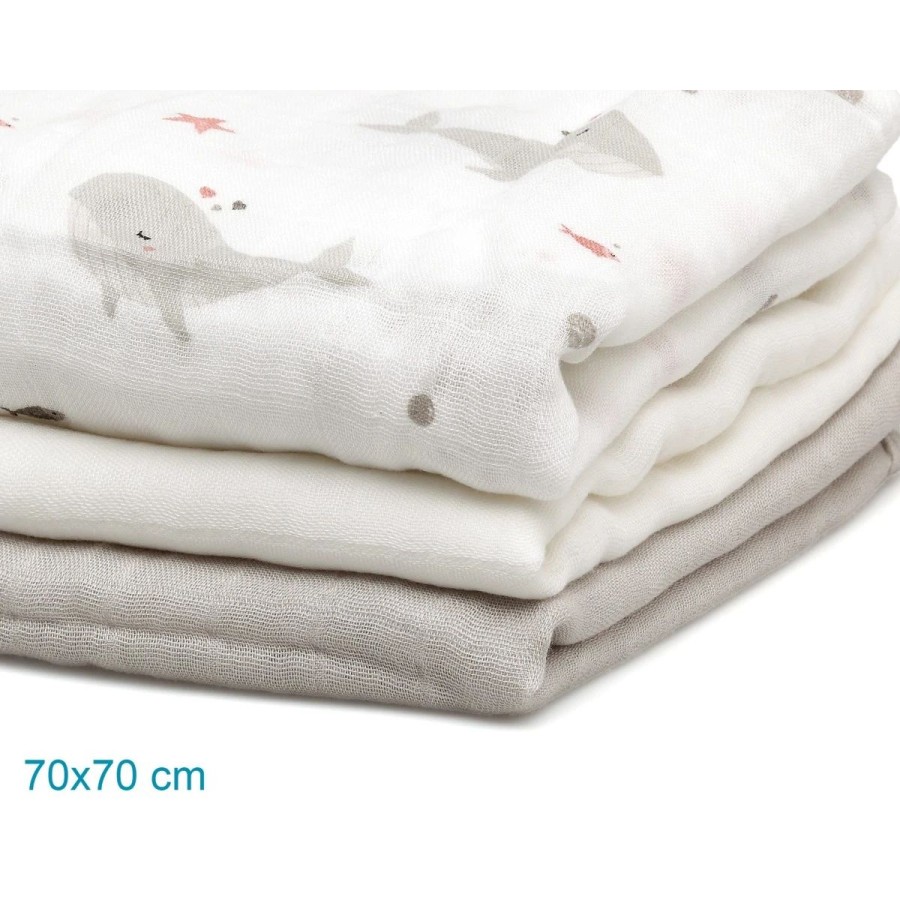 Kiokids Μουσελίνα Bamboo Whales 70x70εκ. Σετ 3τμχ.