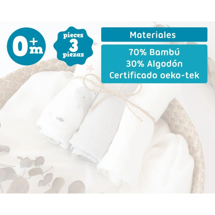 Kiokids Μουσελίνα Bamboo Whales 70x70εκ. Σετ 3τμχ.