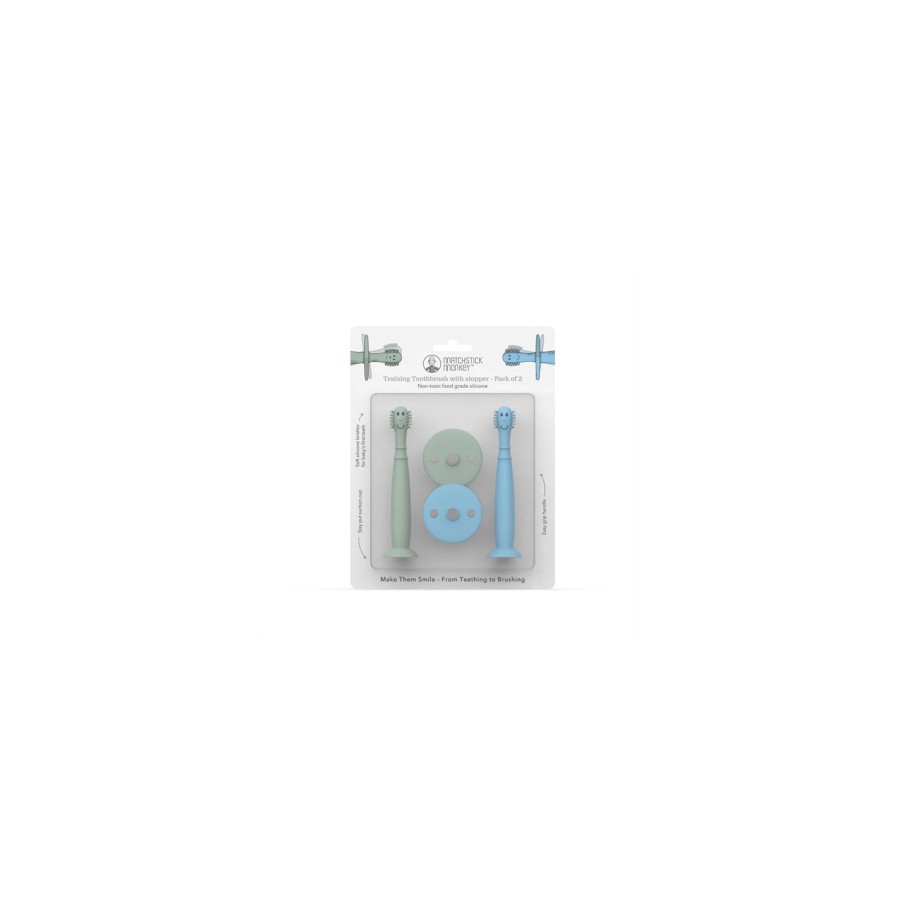 Εκπαιδευτική Οδοντόβουρτσα με Βεντούζα Matchstick Monkey Mint Green & Light Blue Σετ 2τμχ.