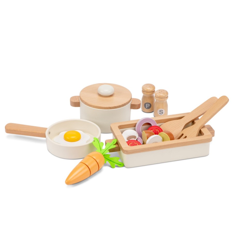 New Classic Toys Παιδικό Ξύλινο Σετ με Τηγάνι, Κατσαρόλα, Γάστρα & Αξεσουάρ
