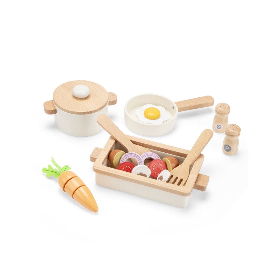 New Classic Toys Παιδικό Ξύλινο Σετ με Τηγάνι, Κατσαρόλα, Γάστρα & Αξεσουάρ