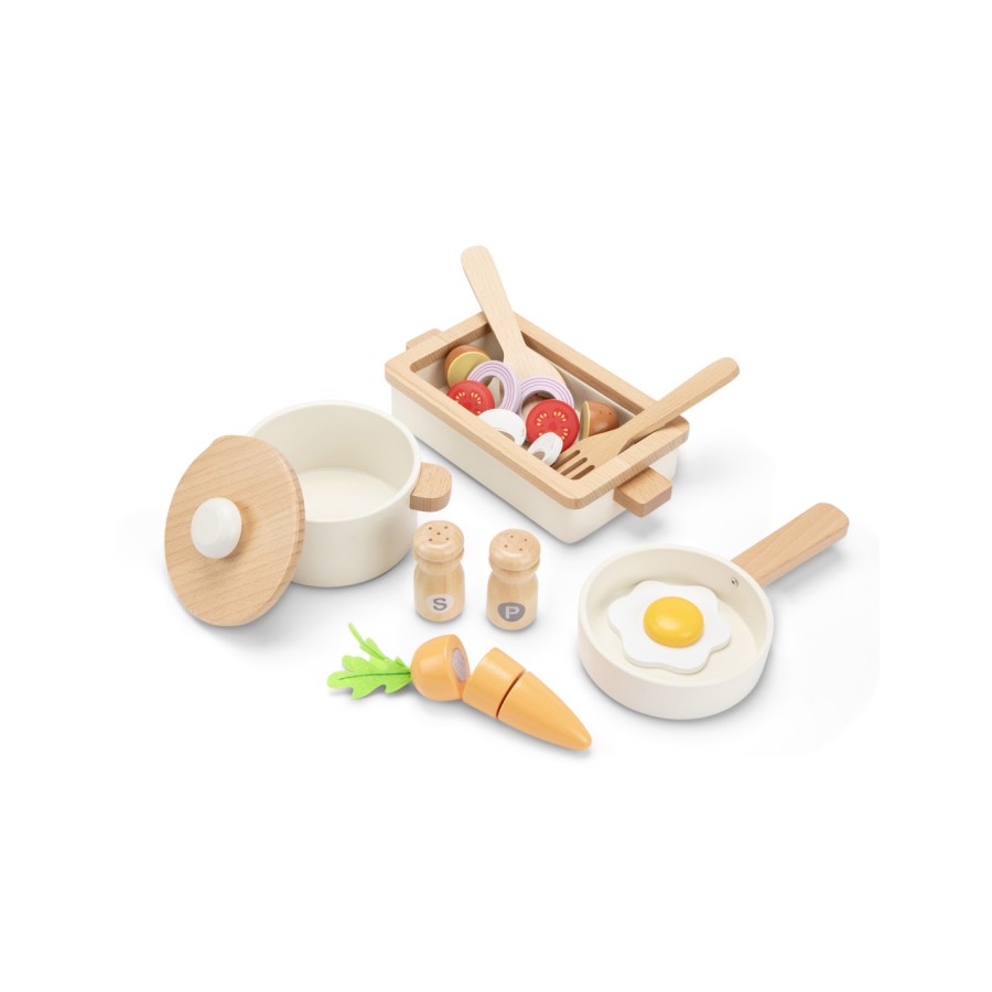 New Classic Toys Παιδικό Ξύλινο Σετ με Τηγάνι, Κατσαρόλα, Γάστρα & Αξεσουάρ