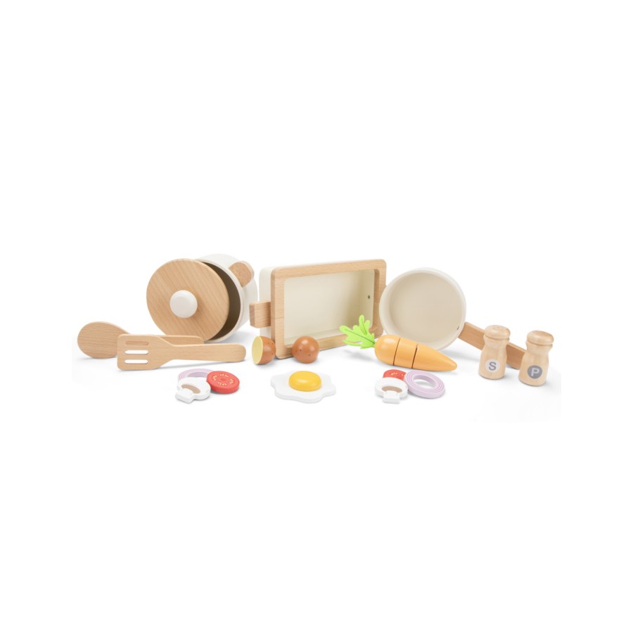 New Classic Toys Παιδικό Ξύλινο Σετ με Τηγάνι, Κατσαρόλα, Γάστρα & Αξεσουάρ