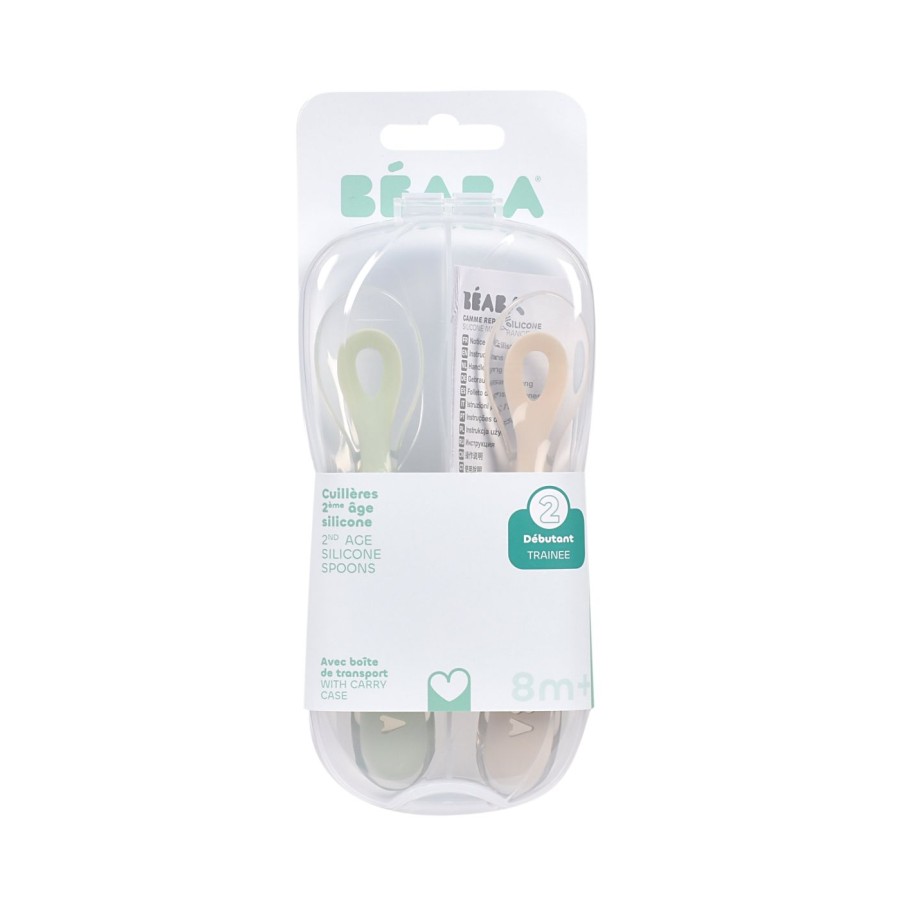 Παιδικό Κουτάλι Σιλικόνης 2nd Age 2τμχ. Beaba Clay / Misty Green με Κουτί Μεταφοράς