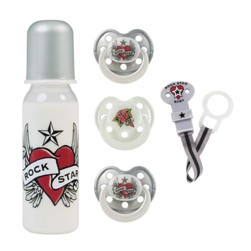 Rock star Baby σετ δώρου μπιμπερό 250ml, πιπίλες και πιπιλοπιάστρα Heart & Wings RSB90103