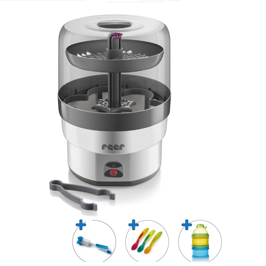 Reer Vapo Max αποστειρωτής Promo Set -36030( ΛΕΥΚΟ/ ΓΚΡΙ) και ΔΩΡΑ 1 λαβίδα,1 βούρτσα καθαρισμού μπουκαλιών και θηλών,3 κουταλάκια ,1 δοσομετρητή σκόνης γάλακτος