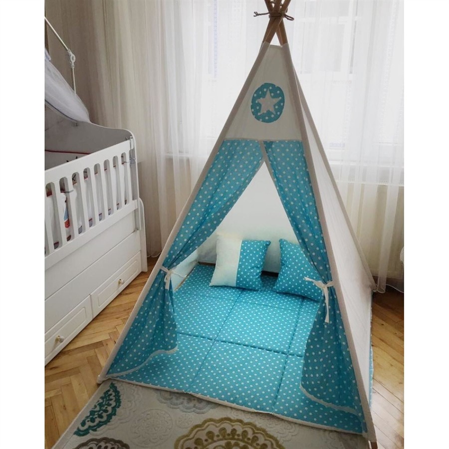 Mysunshine Παραμυθένια παιδική σκηνή Polka Light Blue μαζί με στρώμα και 2 μαξιλάρια -MST-PLK2