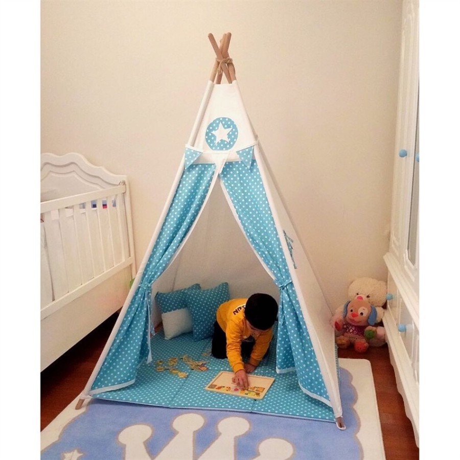 Mysunshine Παραμυθένια παιδική σκηνή Polka Light Blue μαζί με στρώμα και 2 μαξιλάρια -MST-PLK2