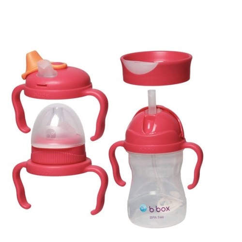 B.box Εκπαιδευτικό ποτηράκι 240ml  με 4 διαφορετικά καπάκια εκπαίδευσης Sippy Cup 4 in 1 - raspberry
